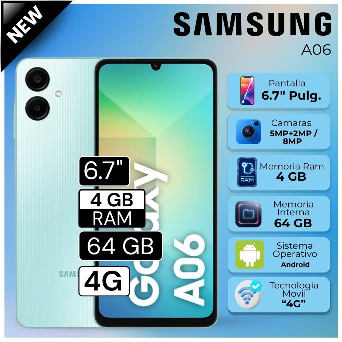 SAMSUNG - Celular Samsung Galaxy A06 4GB RAM 64GB 6.7"  Pulg. - Ligth Blue