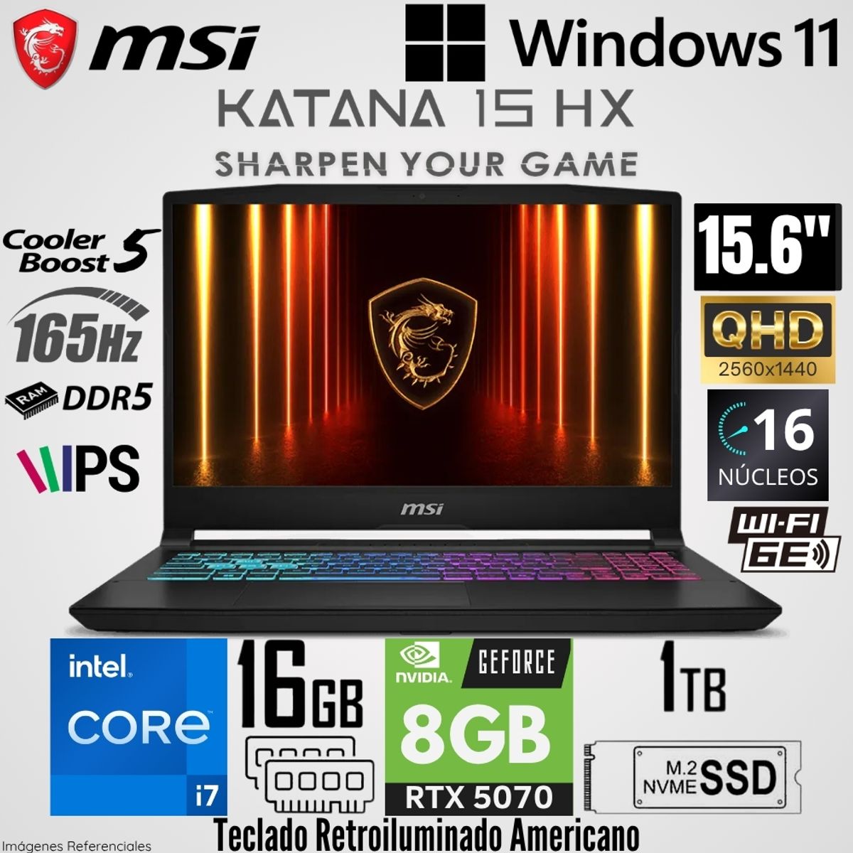 Msi - Laptop Msi KATANA 15 HX B14WGK Intel Core 7-14650HX 16GB RAM 1TB SSD RTX 5070-8GB 15.6"  QHD 165 Hz