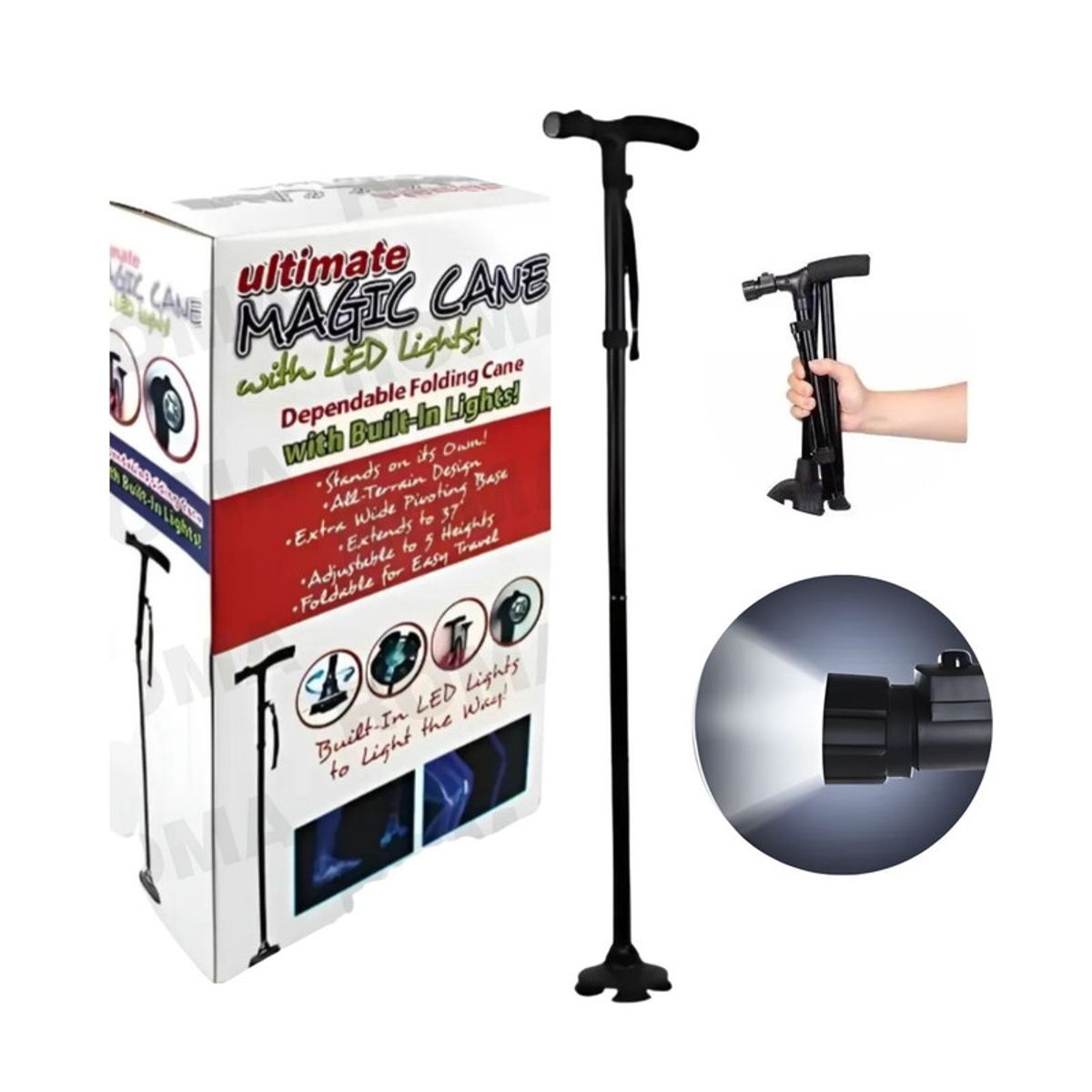 GENERICO - BASTÓN PLEGABLE AJUSTABLE Y ANTIDESLIZANTE CON LUZ LED