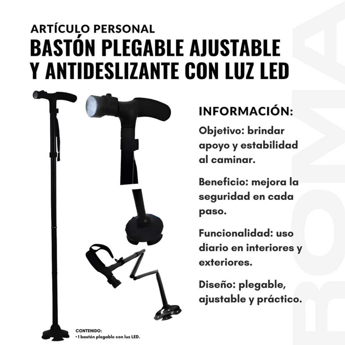 GENERICO - BASTÓN PLEGABLE AJUSTABLE Y ANTIDESLIZANTE CON LUZ LED