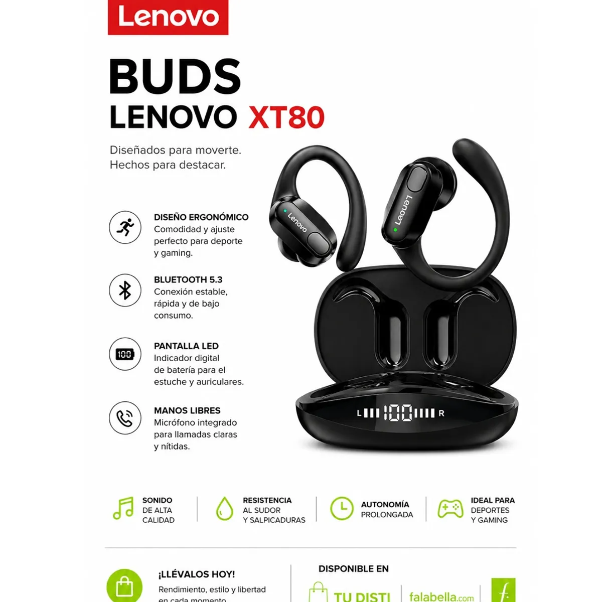 LENOVO - Audifonos inalámbricos LENOVO XT80 THINKPLUS  BT 5.3 Autonomía 40hrs  IPX5 SPORT, GAMING