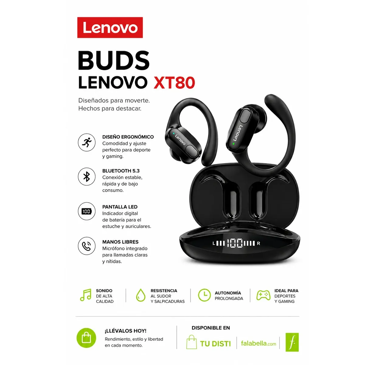 LENOVO - Audifonos inalámbricos LENOVO XT80 THINKPLUS  BT 5.3 Autonomía 40hrs  IPX5 SPORT, GAMING