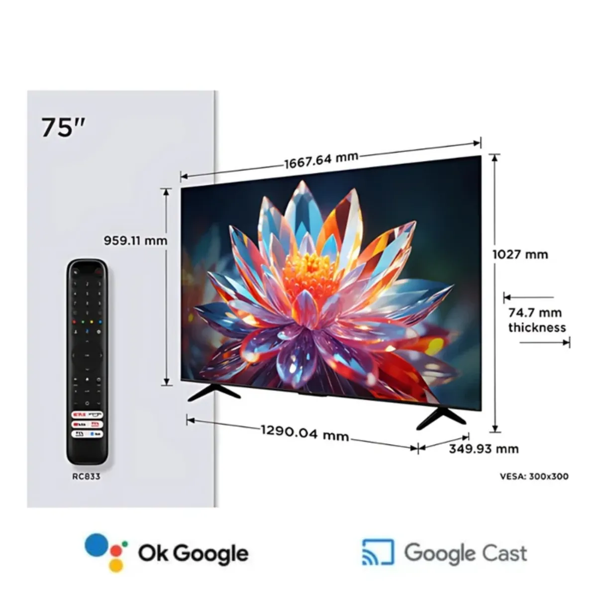 TCL - Televisor TCL QLED 75 pulgadas Smart TV 75T6C UHD 4K Google TV