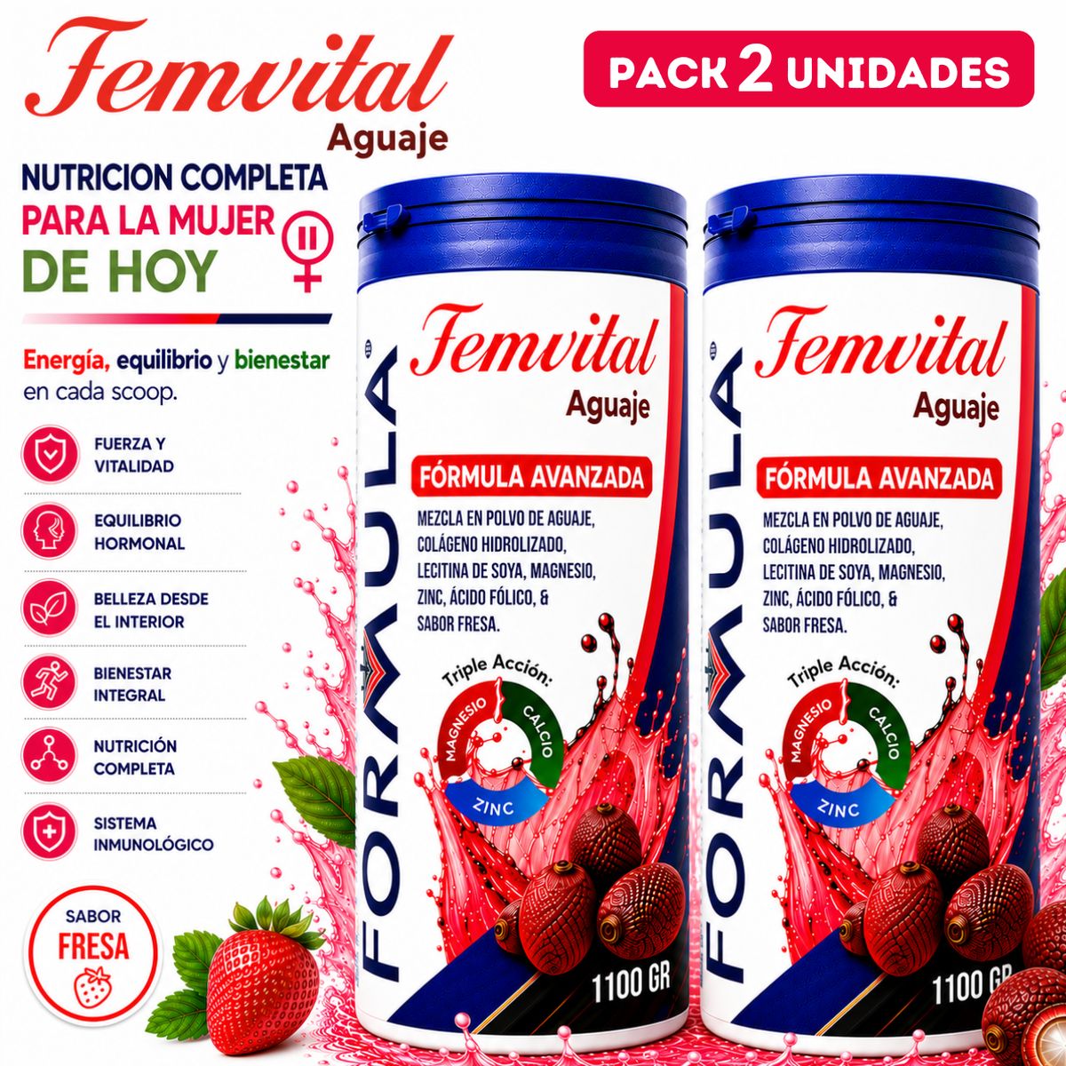 GENERICO - Aguaje en Polvo + Colágeno + Minerales Pack x2 Tratamiento Hormonal Menopausia, Bochorno y Piel