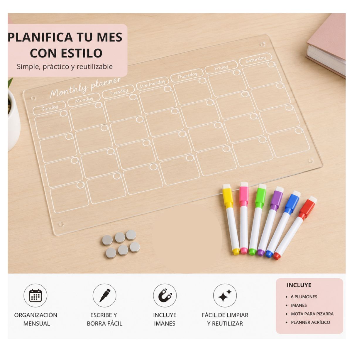 Pizarra Acrílica Imantada Mensual  Planner Reutilizable con accesorios, marca GENERICO - Foto 2
