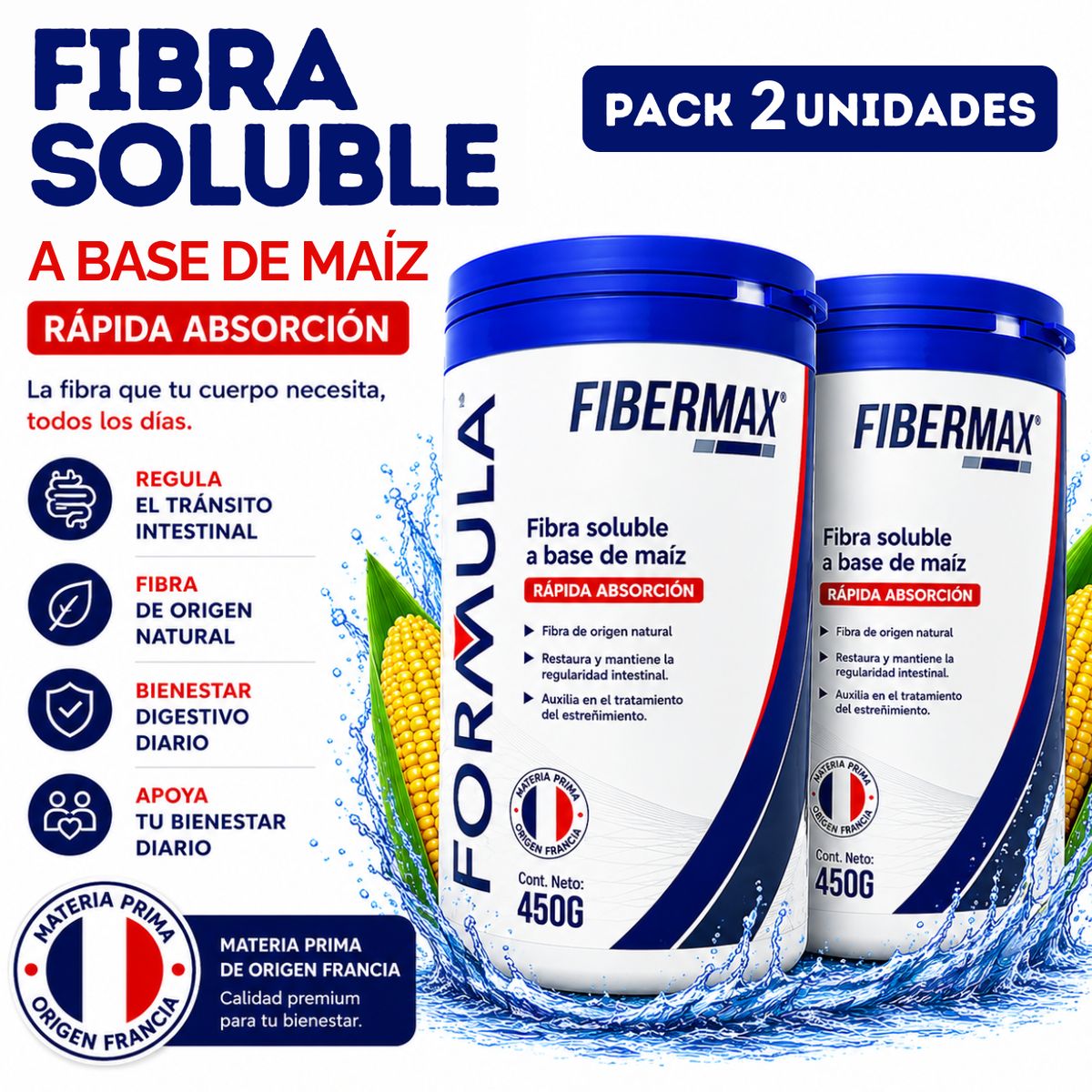 GENERICO - Fibra Soluble 900GR - 2 Frascos de 450 GR - Fibra Invisible para Mejorar Salud Digestiva Sin Sabor