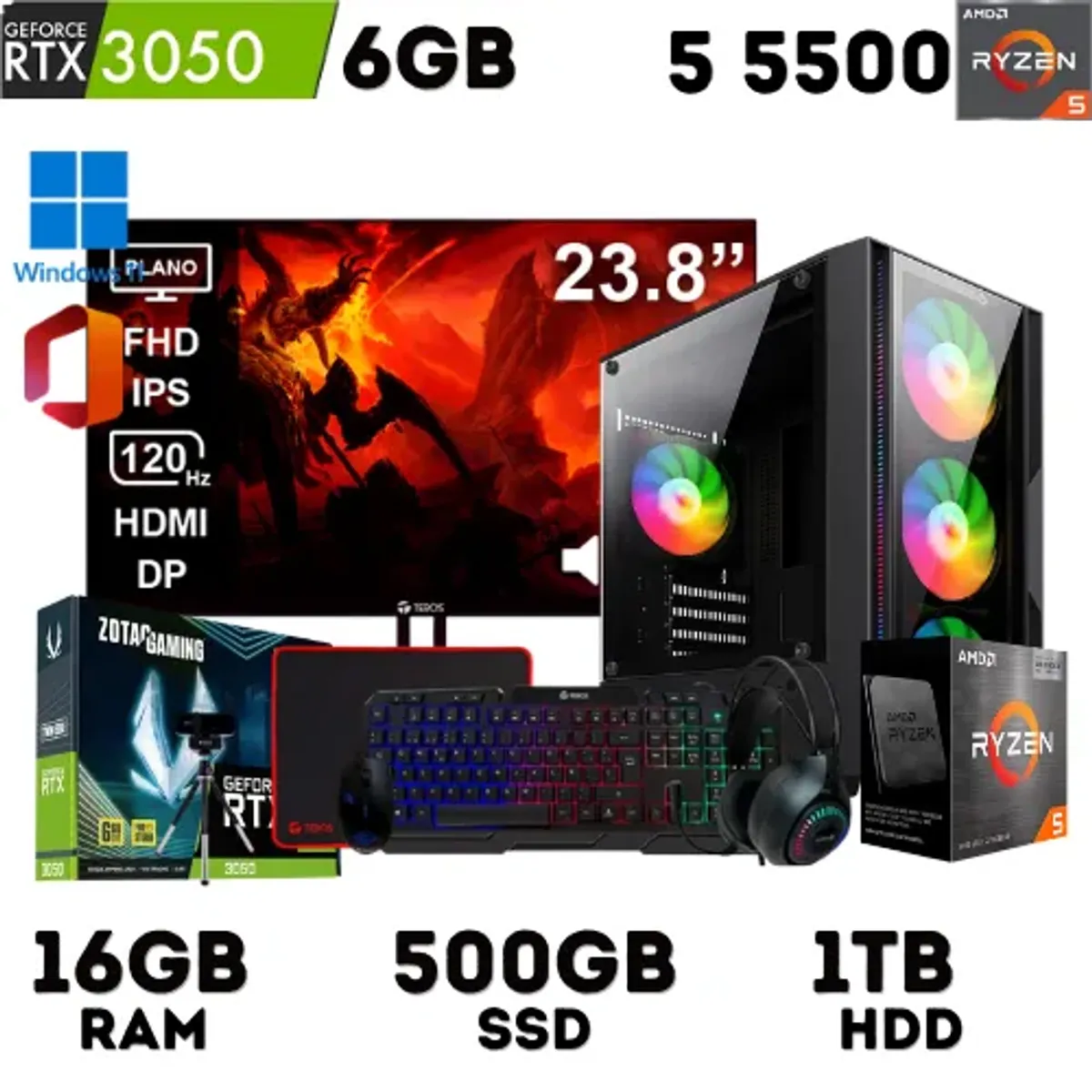 AMD - PC GAMER Ryzen 5 5500 + RTX 3050 6GB + 16GB Ram + 500GB SSD + 1TB HDD CON MONITOR.
