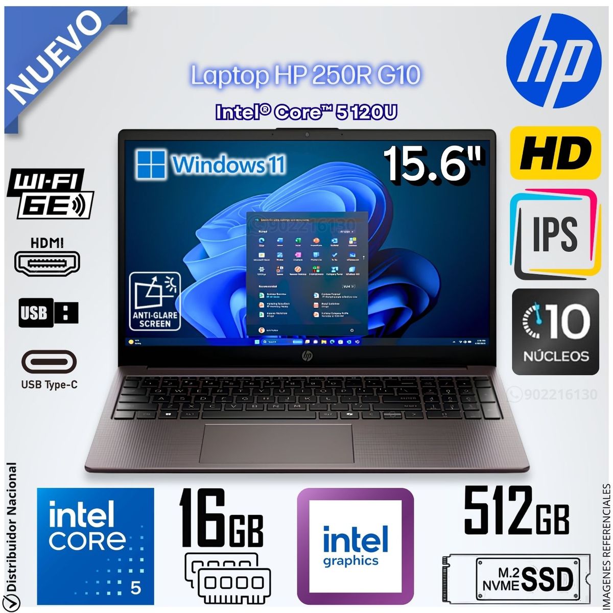 HP - Laptop Notebook HP 255R G10 15.6" HD Intel® Core™ 5 120U 16GB RAM 512GB SSD - C78DYAT