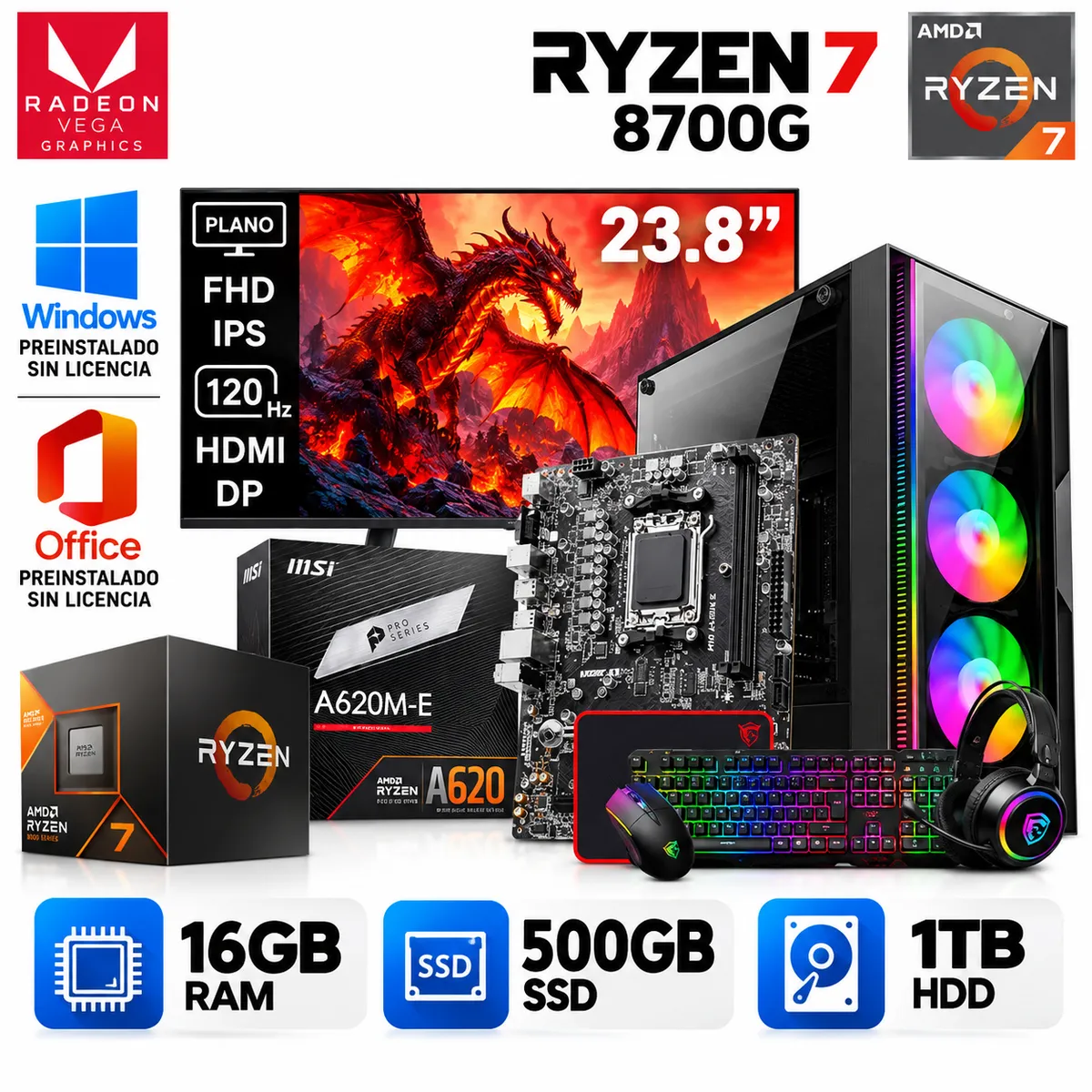 AMD - PC GAMER AMD RYZEN 7 8700G 16GB RAM 500GB SSD+ 1TB HHD + MONITOR 23.8 PULGADAS.