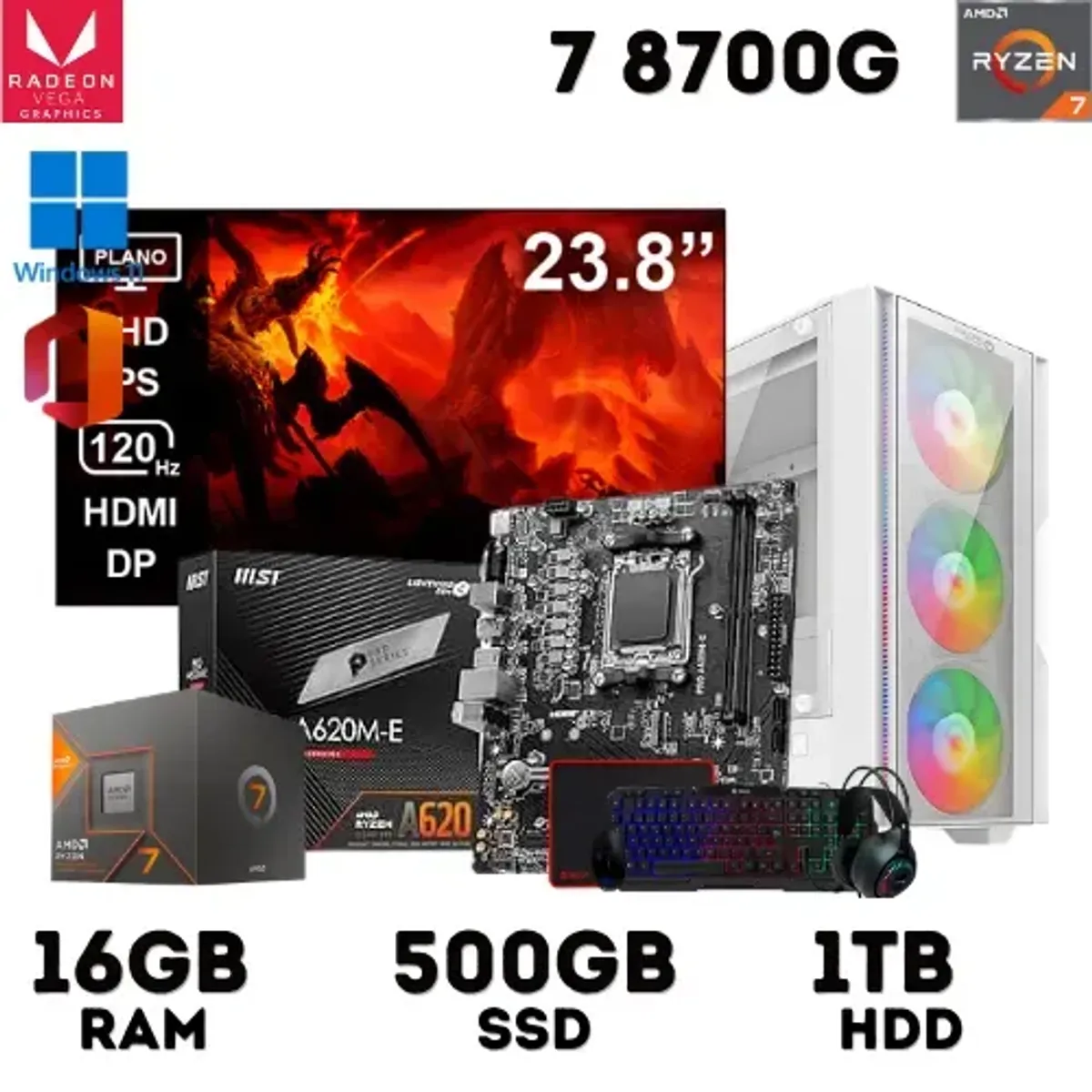 AMD - PC GAMER AMD RYZEN 7 8700G 16GB RAM 500GB SSD+ 1TB HHD + MONITOR 23.8 PULGADAS.