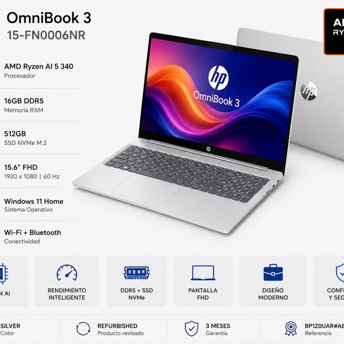 HP - Laptop HP OmniBook 3 15-FN0006NR 15.6″ FHD Ryzen AI 5 340 16GB DDR5 512GB SSD