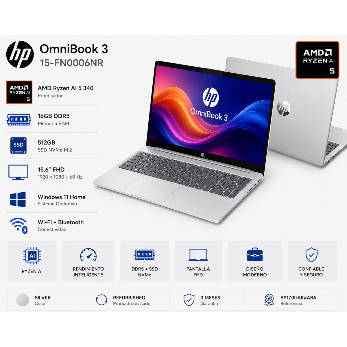 HP - Laptop HP OmniBook 3 15-FN0006NR 15.6″ FHD Ryzen AI 5 340 16GB DDR5 512GB SSD