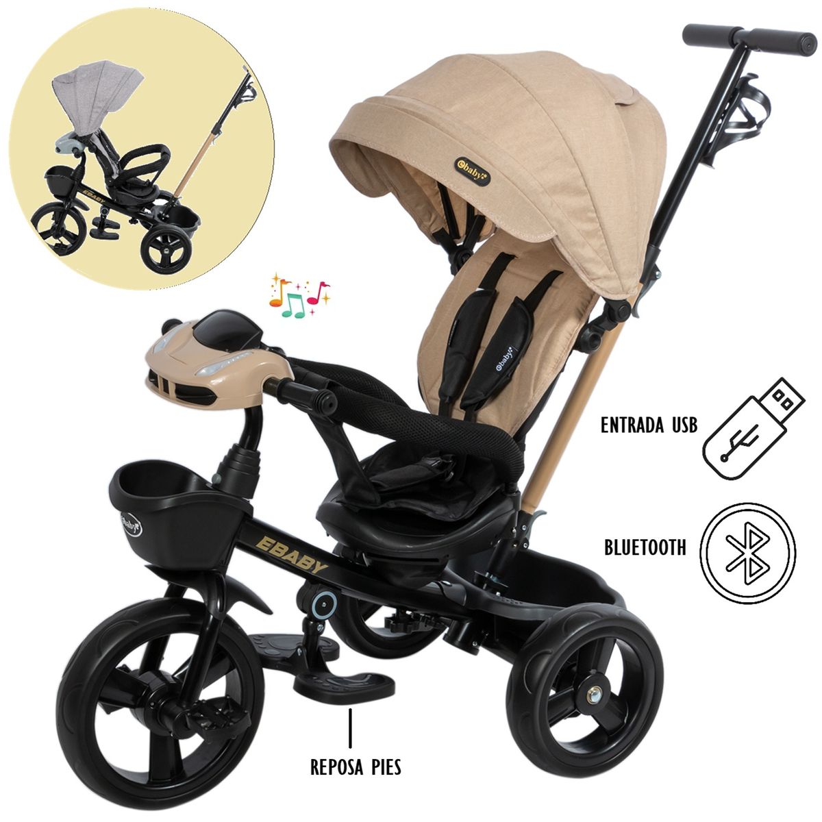 EBABY - Triciclo Paseador con Guiador ,USB,Bluetooth beige