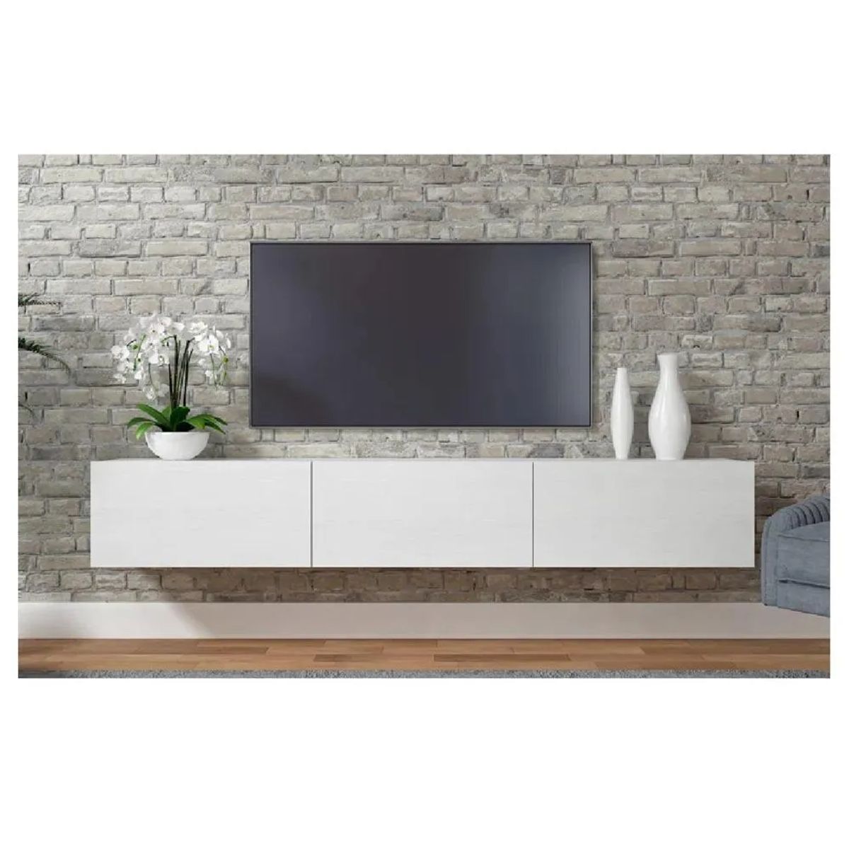 TU MESITA - Mesa de TV Flotante 75" TU MESITA Sigriid Melamina 18mm color Blanco 3 puertas
