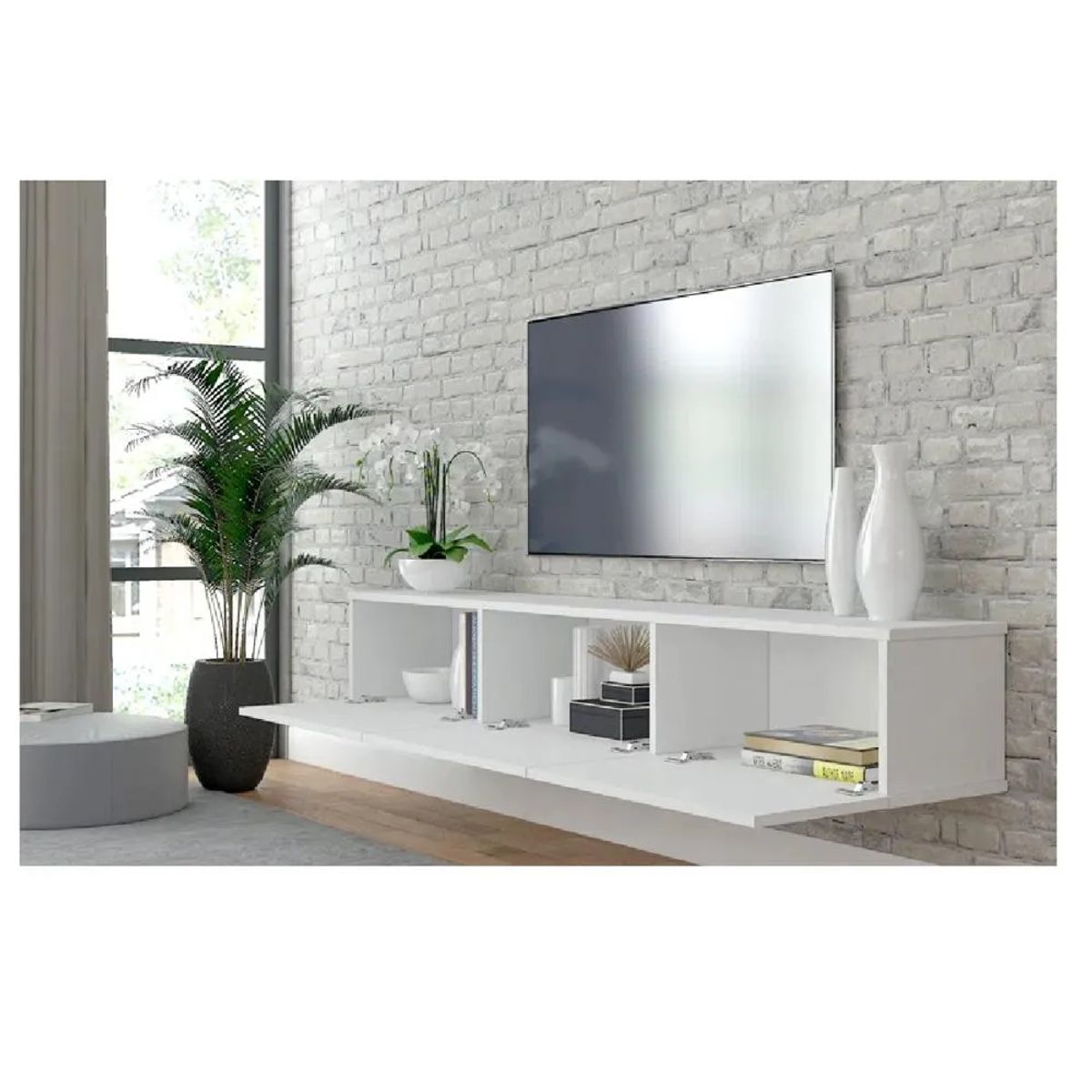 TU MESITA - Mesa de TV Flotante 75" TU MESITA Sigriid Melamina 18mm color Blanco 3 puertas