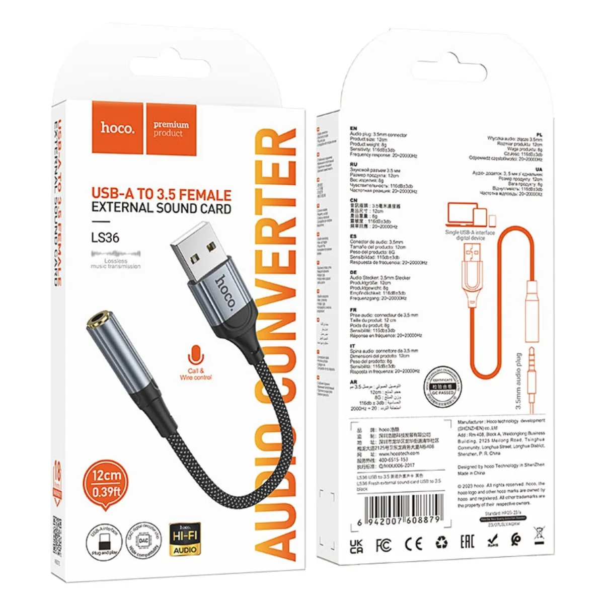 HOCO - Adaptador USB-A a Jack 3.5 mm Hoco LS36 para Audífonos Micrófono y Llamadas