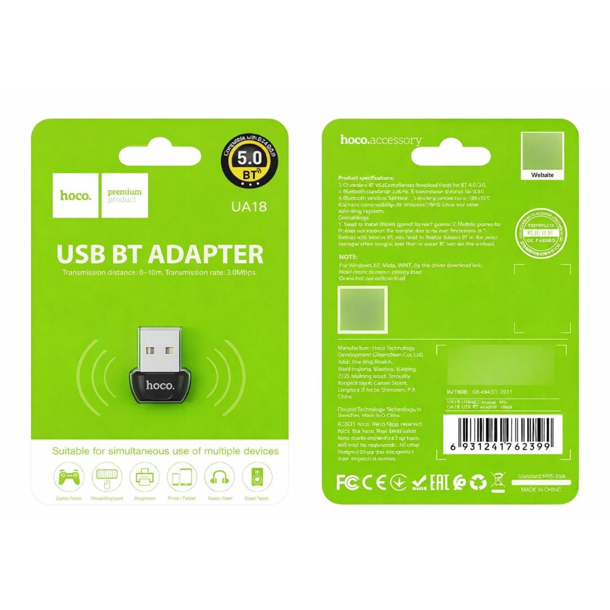 HOCO - Adaptador USB Bluetooth 5.0 Hoco UA18 para PC Laptop Audífonos Teclado Mouse e Impresora