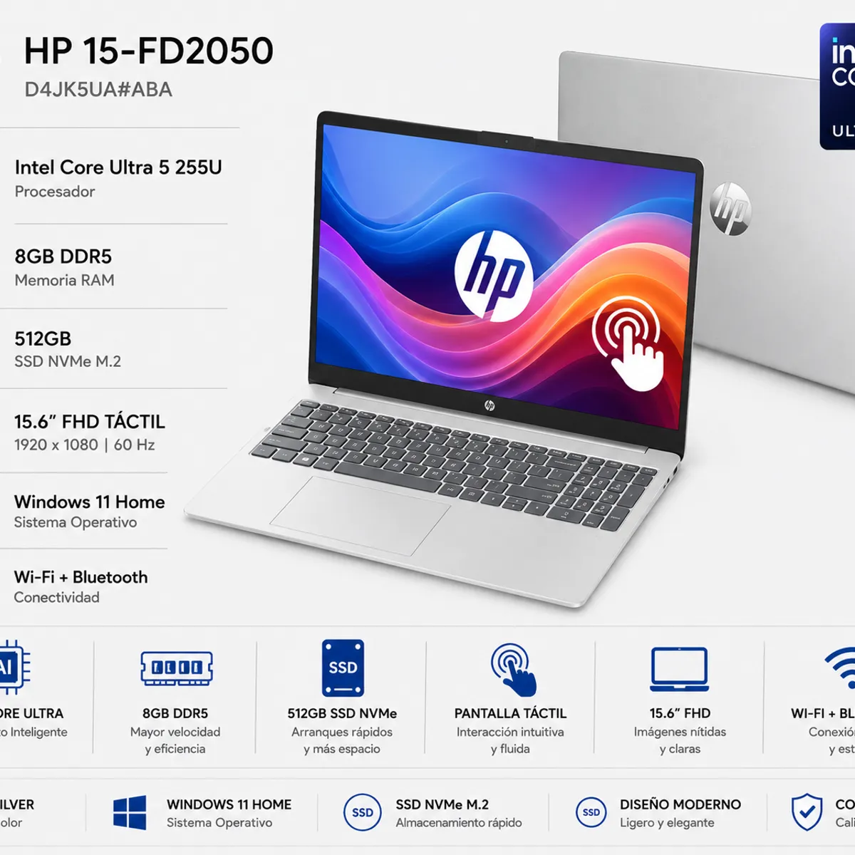HP - Laptop HP 15-FD2050 15.6″ Touch Intel Core Ultra 5 255U 8GB DDR5 512GB SSD