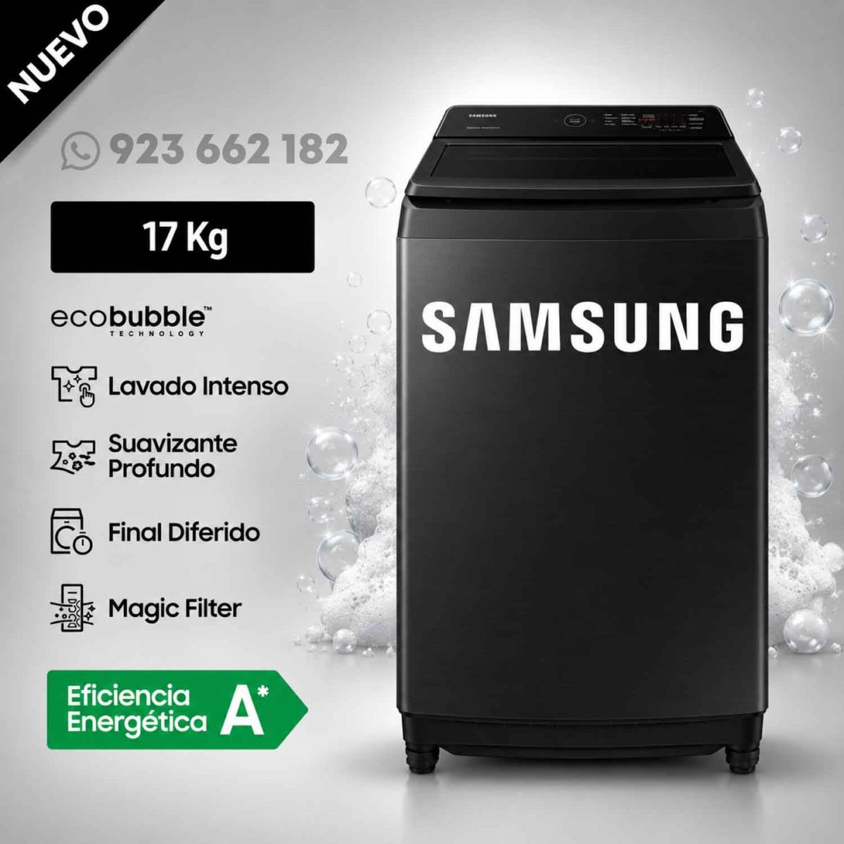 SAMSUNG - Lavadora Samsung 17KG Ecobubble WA17CG6441BV Negro