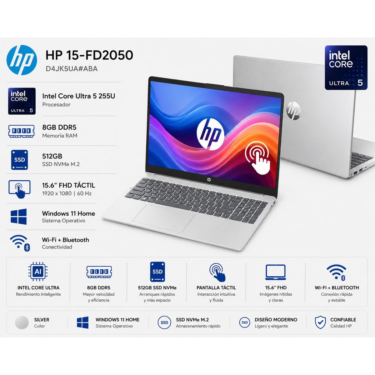HP - Laptop HP 15-FD2050 15.6″ Touch Intel Core Ultra 5 255U 8GB DDR5 512GB SSD