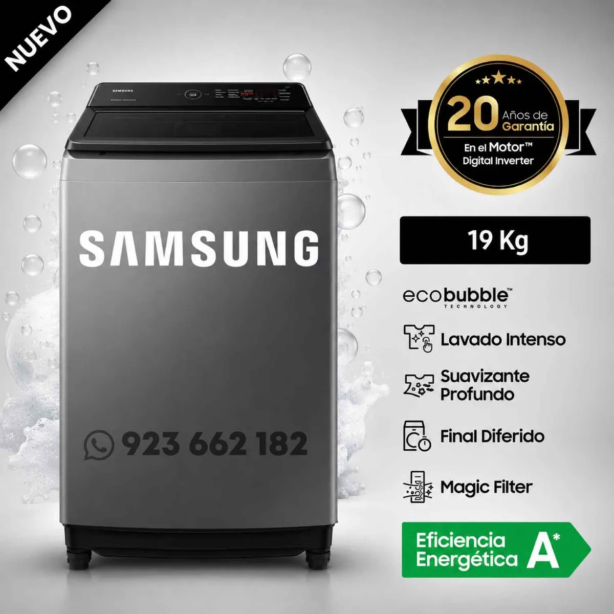 SAMSUNG - Lavadora SAMSUNG Carga Superior 19 kilos WA19CG6441BD Gris