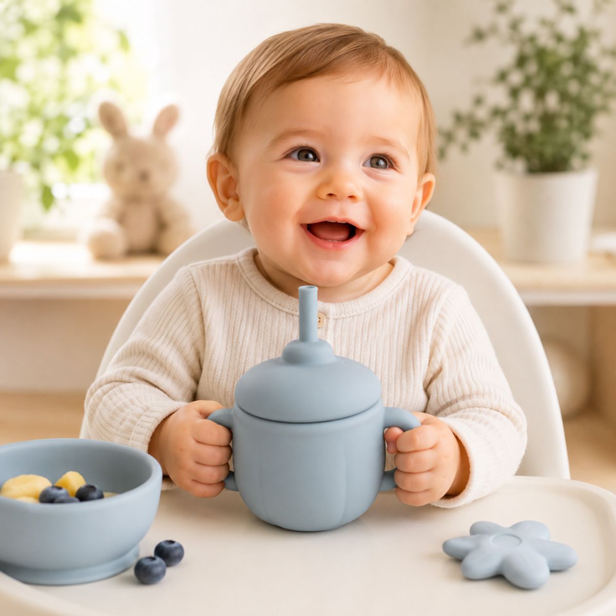 GENERICO - Vaso Antiderrame de Silicona para Bebé con Asas y Sorbete Entrenamiento Montessori Azul
