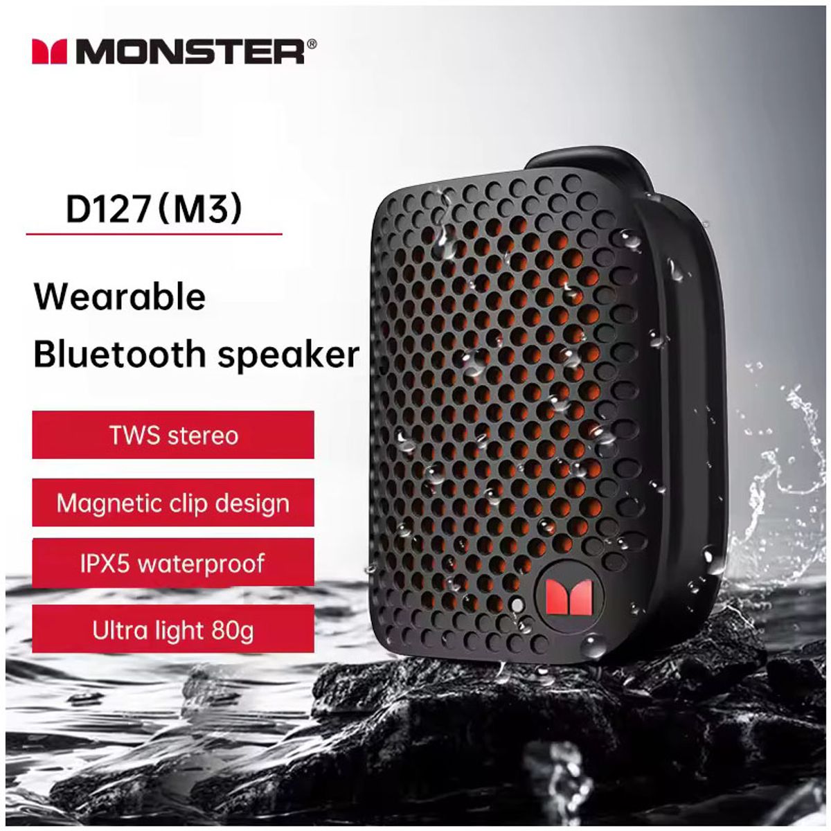 MONSTER - Monster M3-Altavoces Bluetooth inalámbricos con Clip magnético Mini BT V5.4 portátiles al aire libre