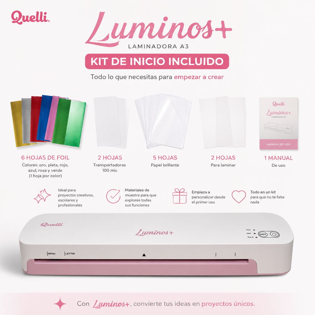 LIDEART - Laminadora térmica Luminos Plus Quelli Rosa A3 + Kit de Inicio