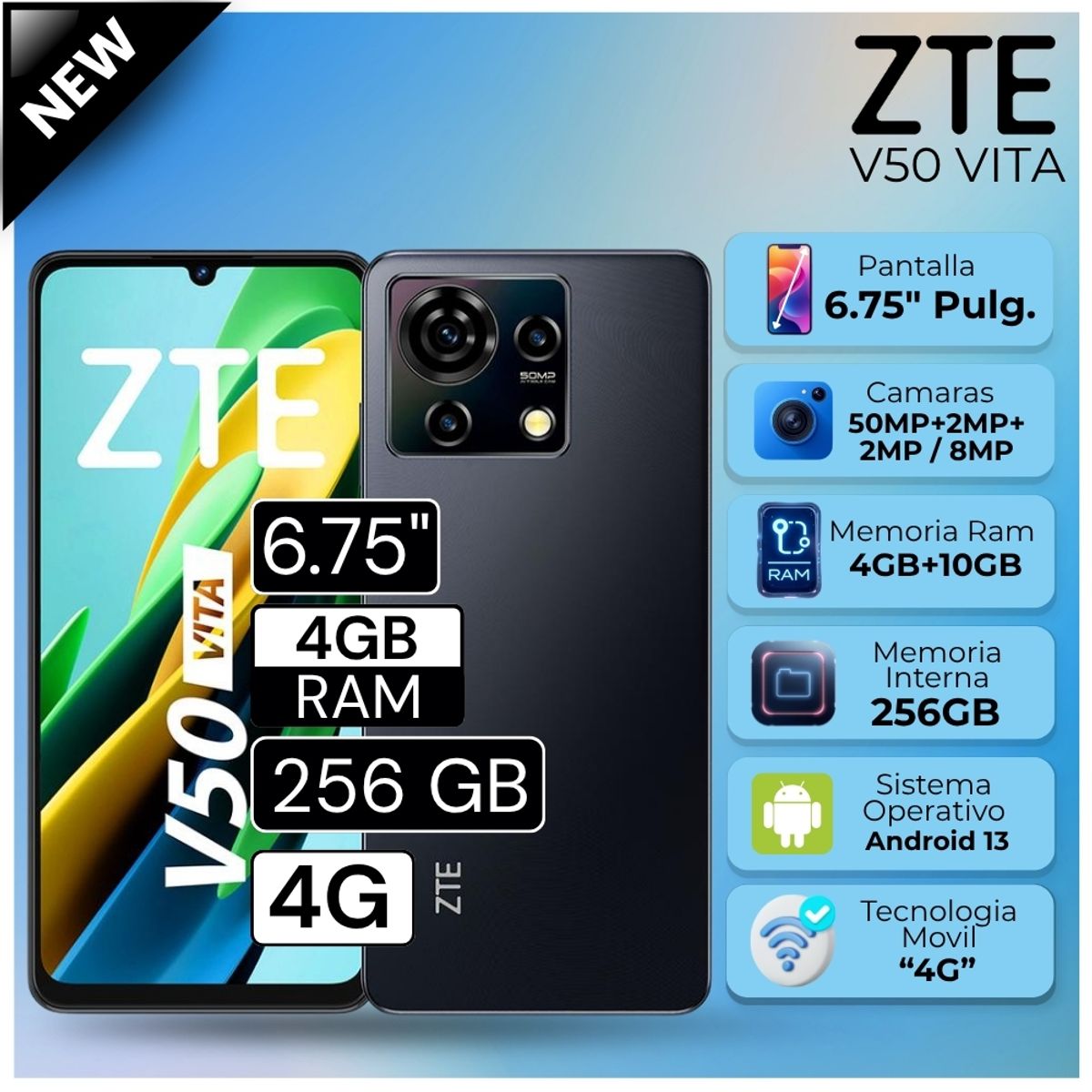 ZTE - Celular ZTE V50 Vita  6.75"  Pulg. 4GB RAM 256GB Android 13 - Negro