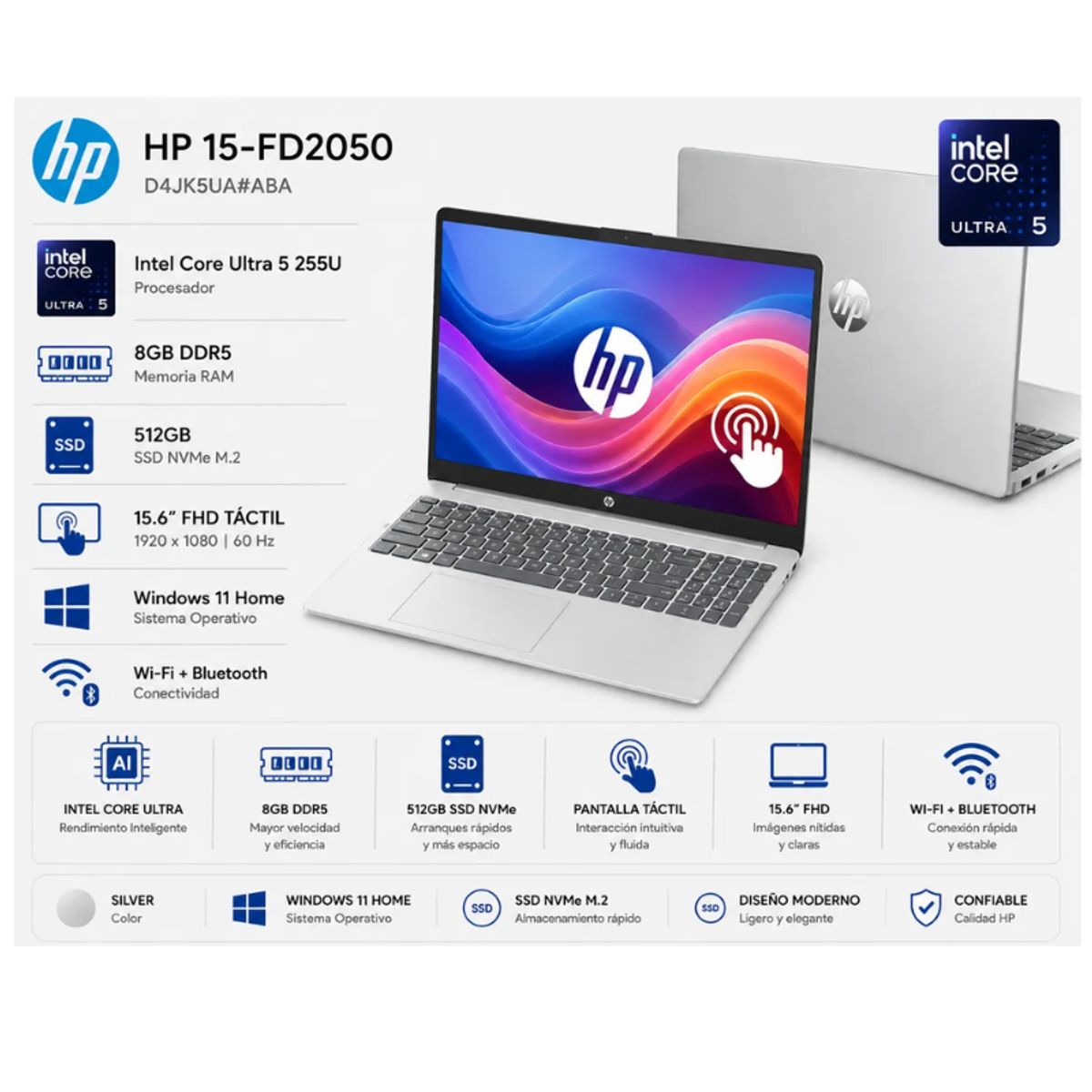 HP - Laptop HP 15-FD2050WM Intel Core Ultra 5 225U 8GB RAM 512GB SSD 15.6" FHD TACTIL WIN11 Home