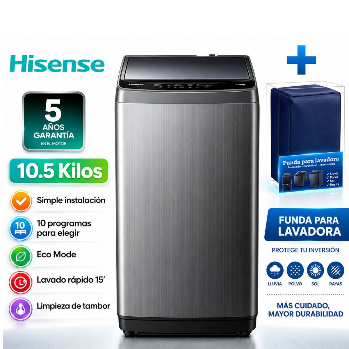 Hisense - Lavadora Hisense Carga Superior 10.5kg WT1D1030UT
