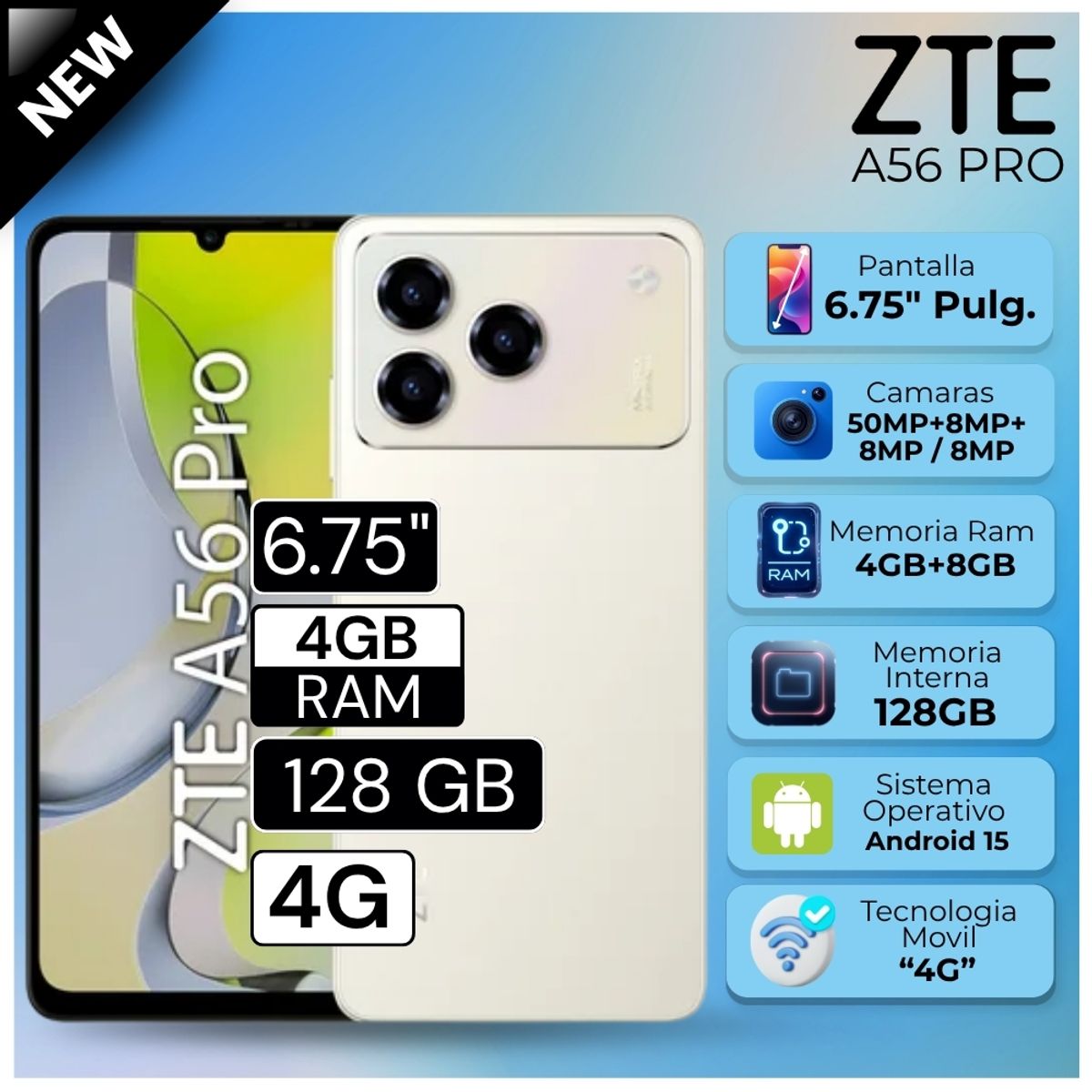 ZTE - Celular ZTE A56 Pro 6.75"  Pulg. 4GB RAM 128GB Android 15 - Dorado