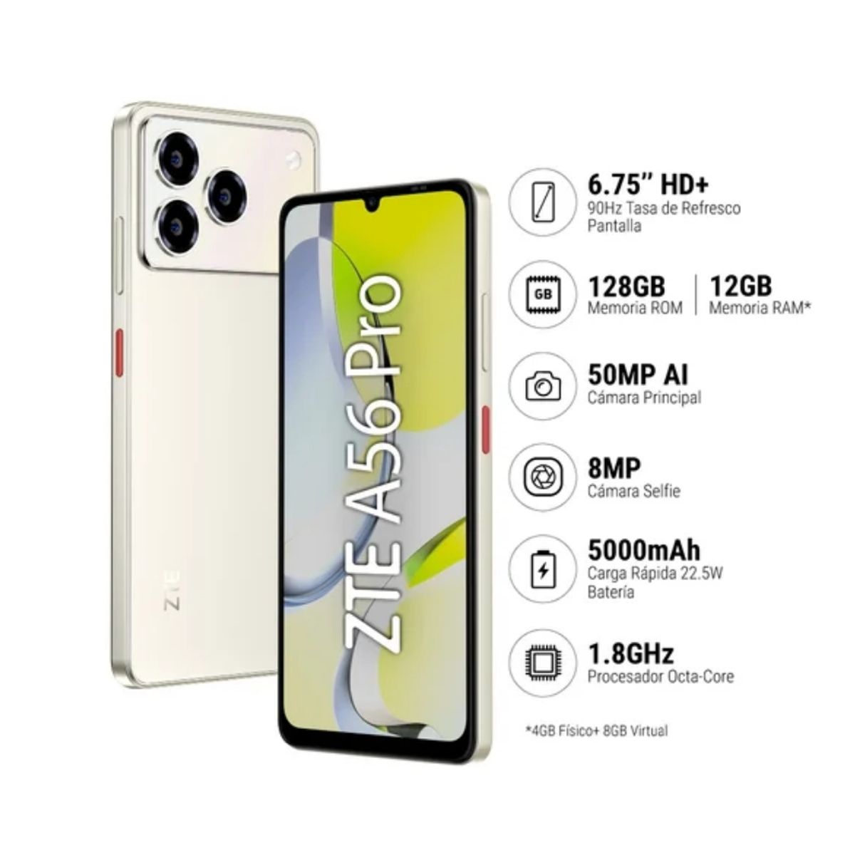 ZTE - Celular ZTE A56 Pro 6.75"  Pulg. 4GB RAM 128GB Android 15 - Dorado