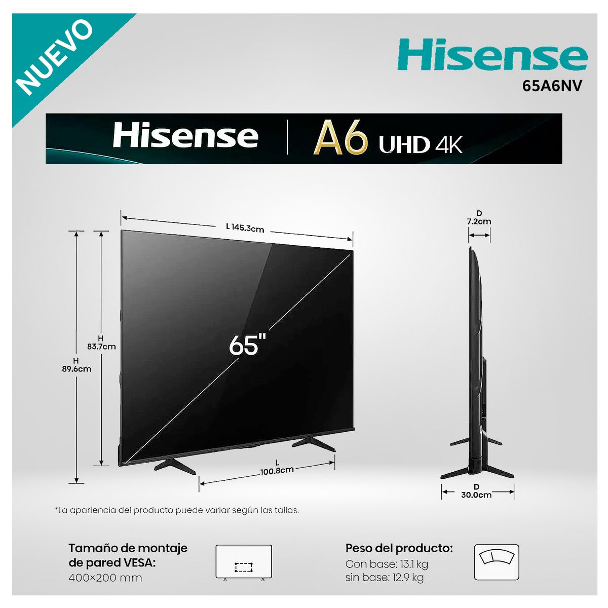 Hisense - Televisor Hisense 65 Smart TV LED 4K UHD VIDAA 65A6NV Modelo Nuevo