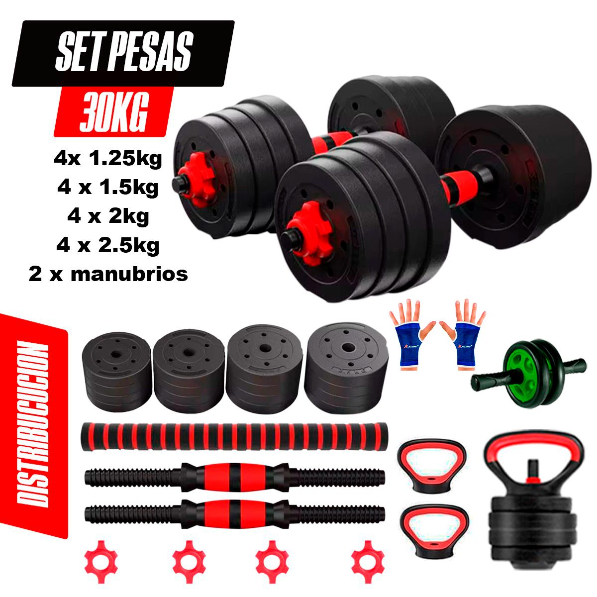 HOLGU - Set 30Kg Convertible + Rueda AB + Guantes gratis