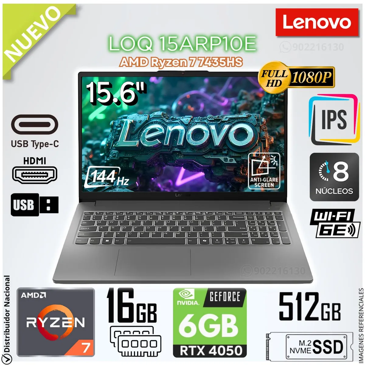 LENOVO - Laptop Gamer Lenovo LOQ 15ARP10E 15.6" FHD Ryzen 7 7735HS 16GB 512GB SSD RTX 4050 6GB 144Hz - 83S00000US