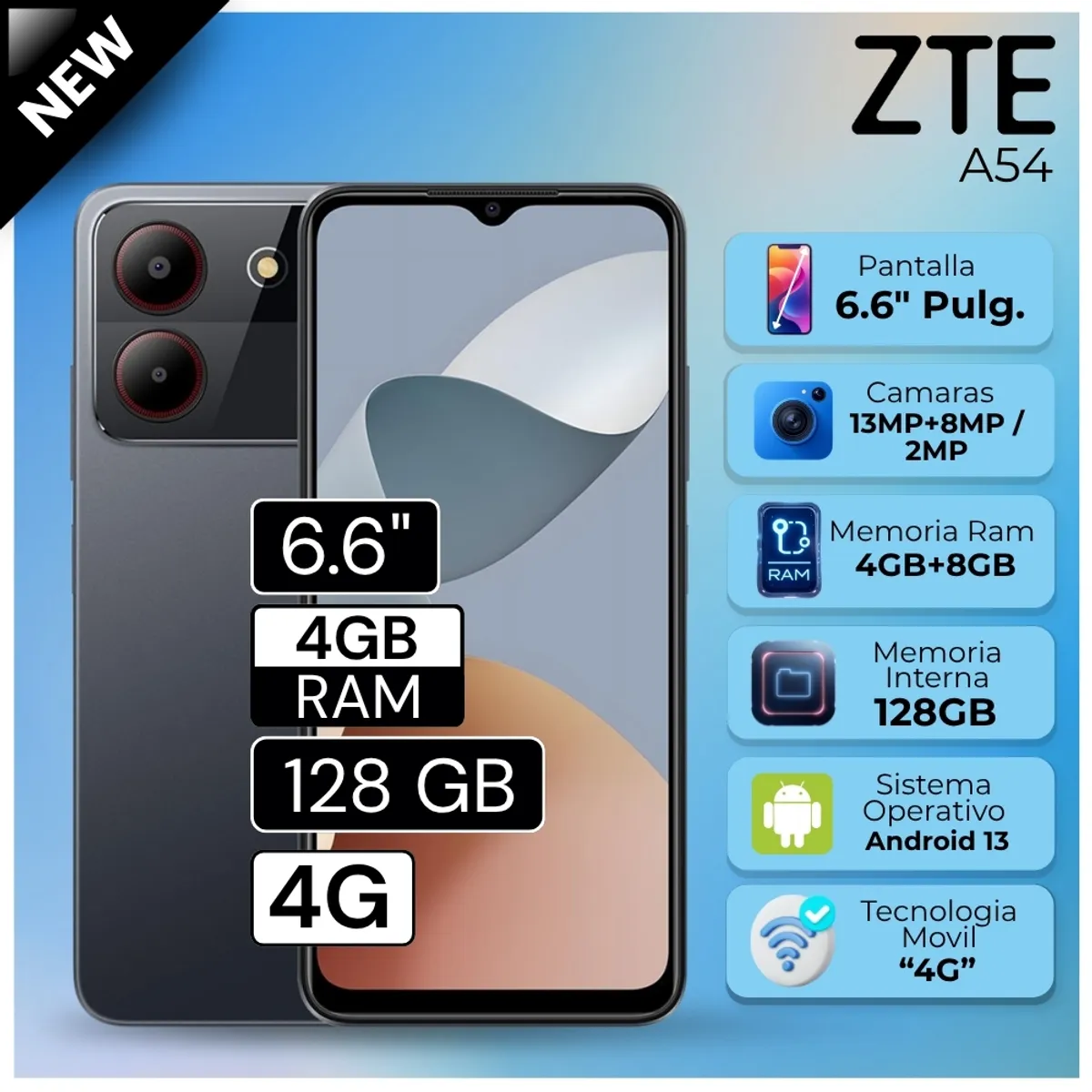 ZTE - Celular ZTE A54 6.6"  Pulg. 4GB RAM 128GB Android 13 - Gris