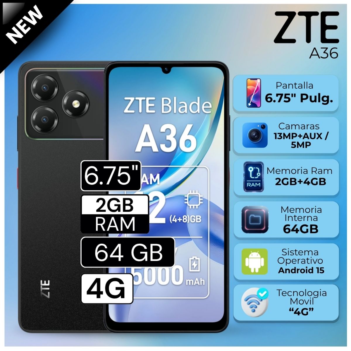ZTE - Celular ZTE A36 6.75"  Pulg. 2GB RAM 64GB Android 15 - Negro