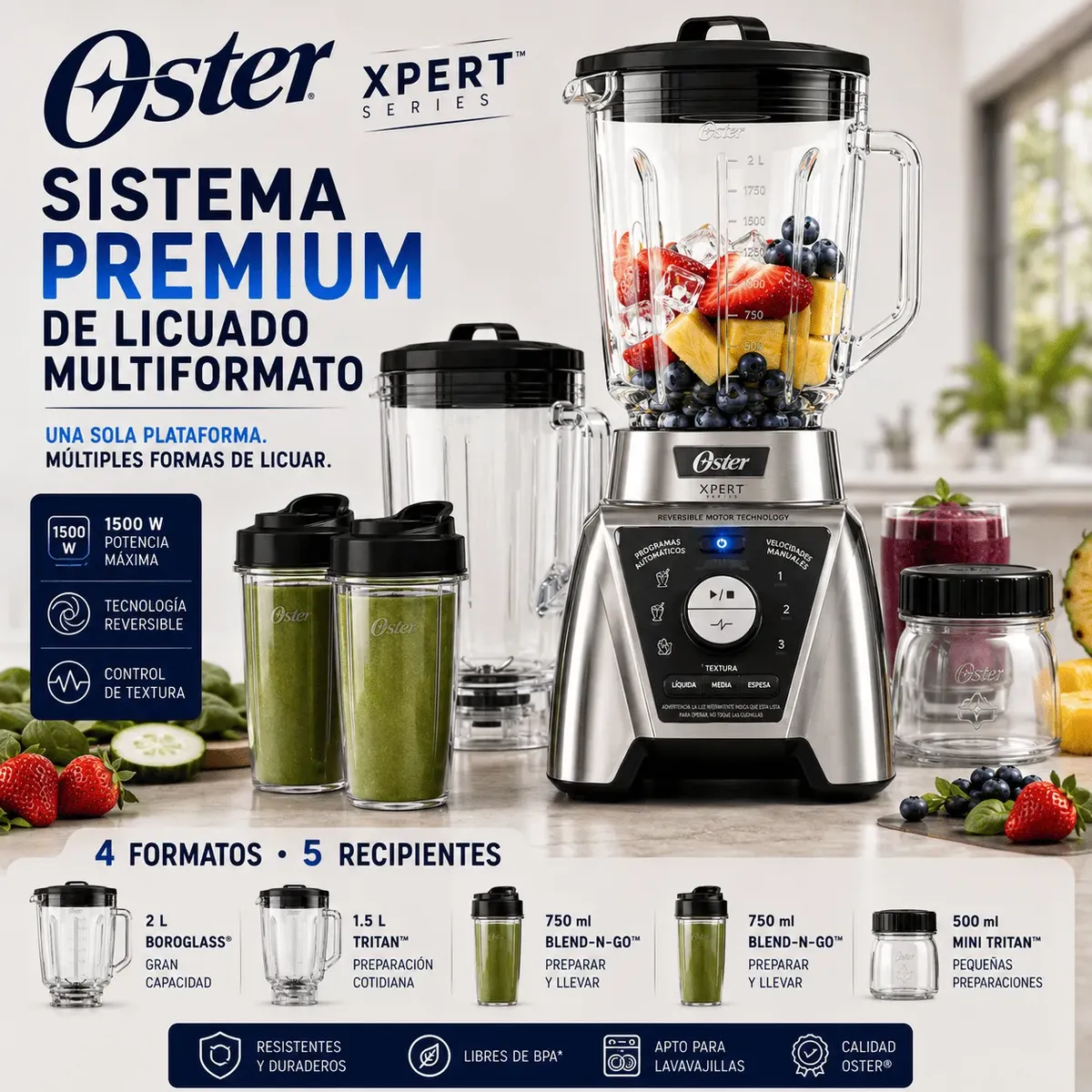 OSTER - Licuadora Oster Xpert Series BLST3B-CAG 1500W  Reversible con  Control de Textura + Vasos Blend N Go