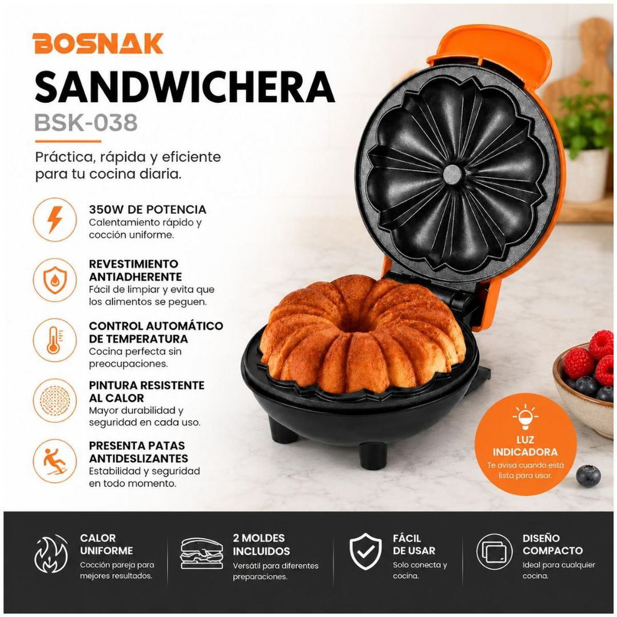 GENERICO - Sandwichera BOSNAK BSK-038 350W Antiadherente Tipo Flor Pasteles Cakes