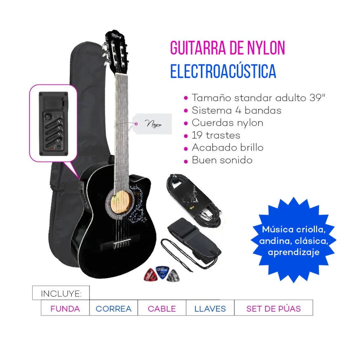 STRING GUITARS - GUITARRA ELECTROACUSTICA NYLON NEGRO