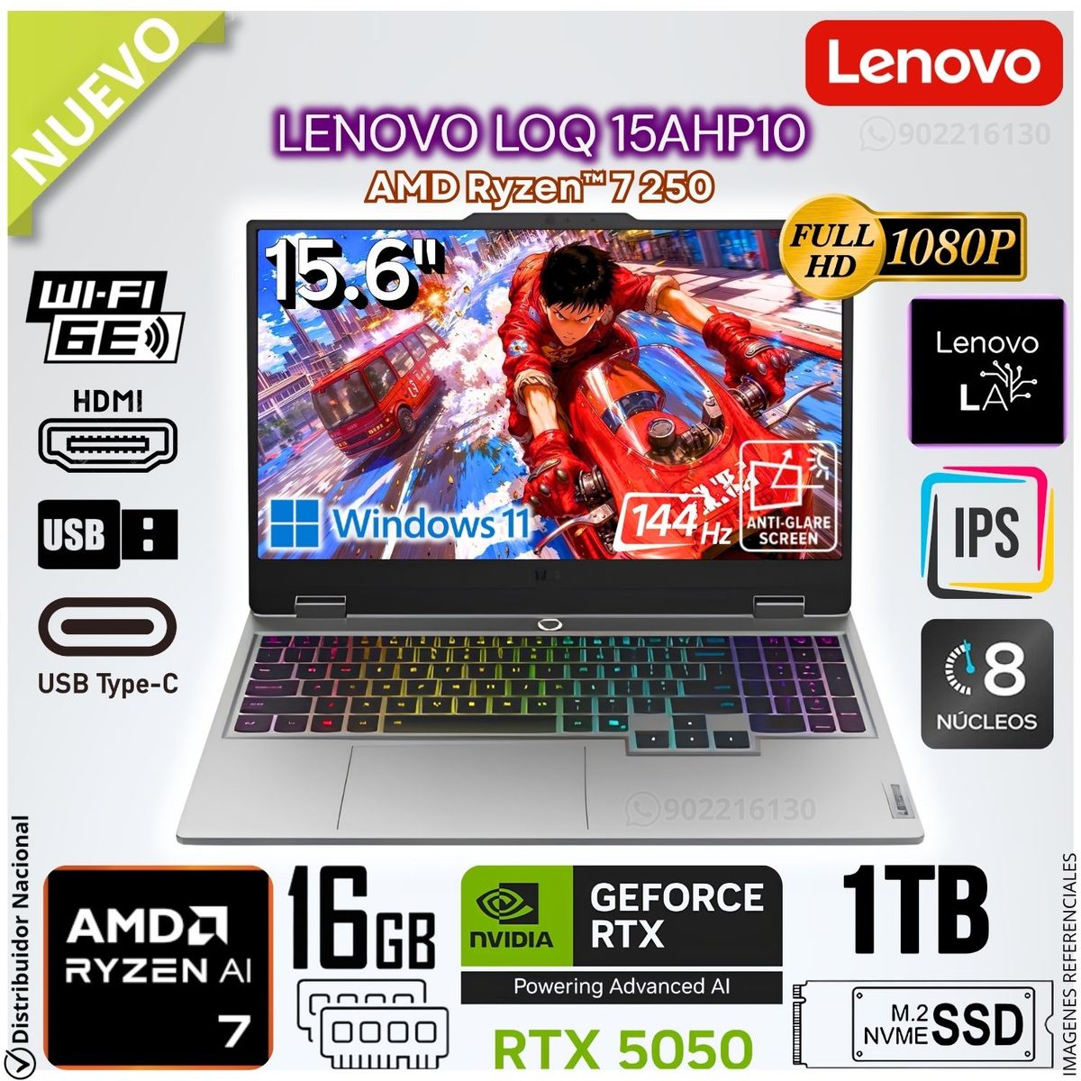 LENOVO - Laptop Gamer Lenovo LOQ 15AHP10 83JG0045CC 15.6" FHD AMD Ryzen™ 7 250 RTX™ 5050 16GB RAM 1TB SSD