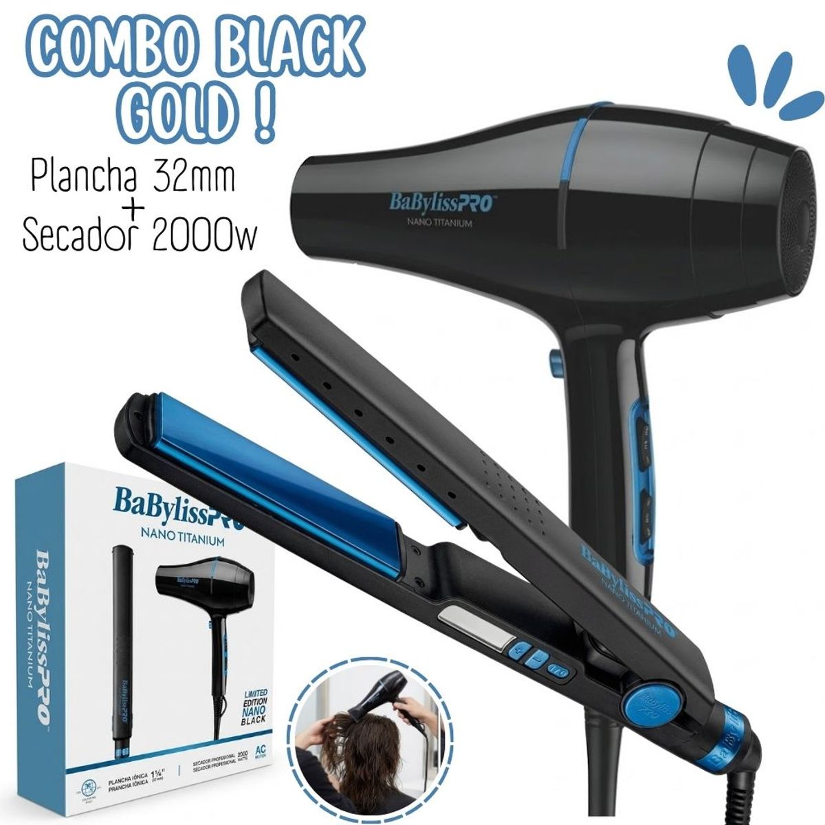 Babyliss Pro - Combo BabylissPro Edicion Ilimitada Plancha Black Blue + Secador Nano Blue - BBLPP4PE