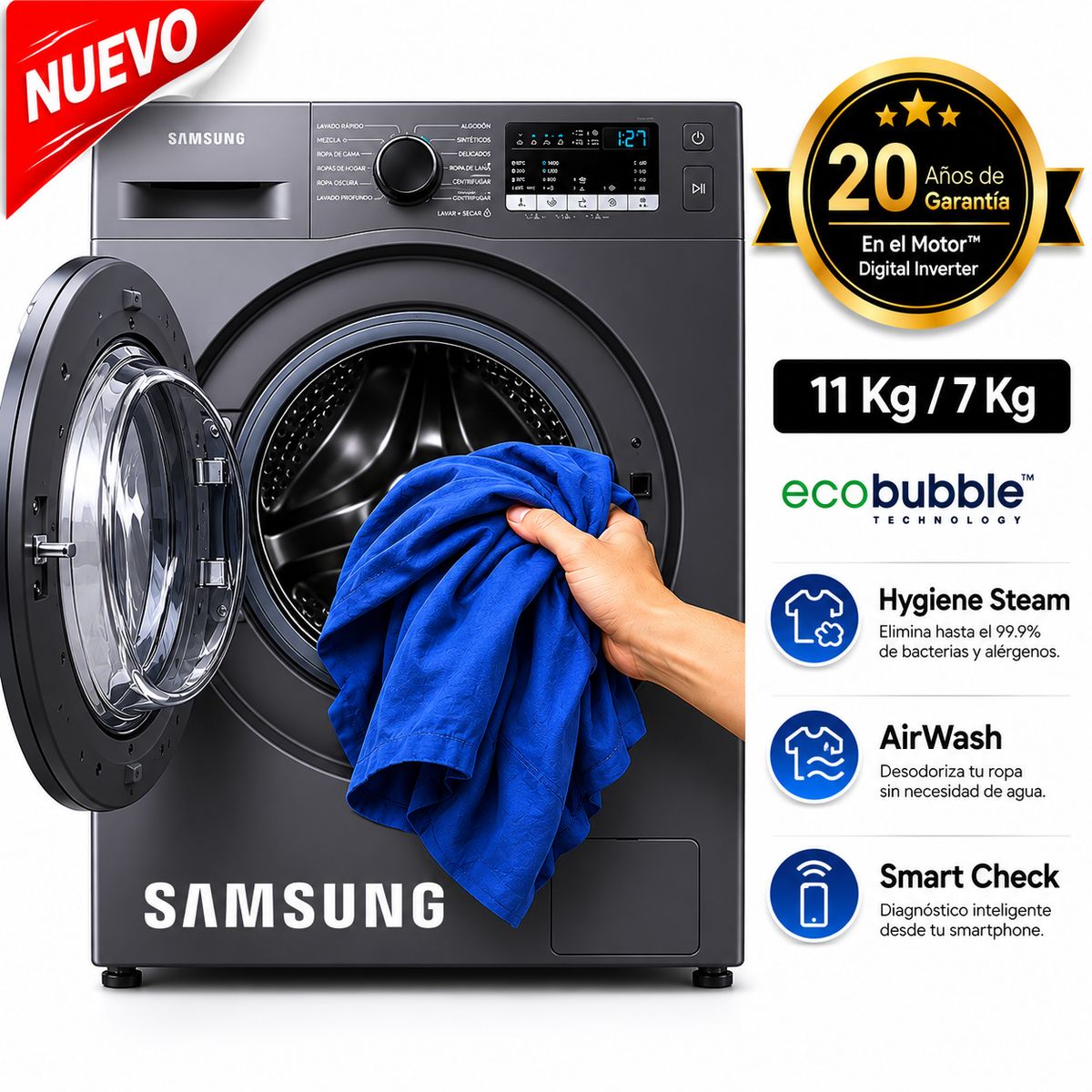 SAMSUNG - Lavaseca SAMSUNG Carga Frontal 11 Kg/7 Kg WD11T4046BXPE Inox