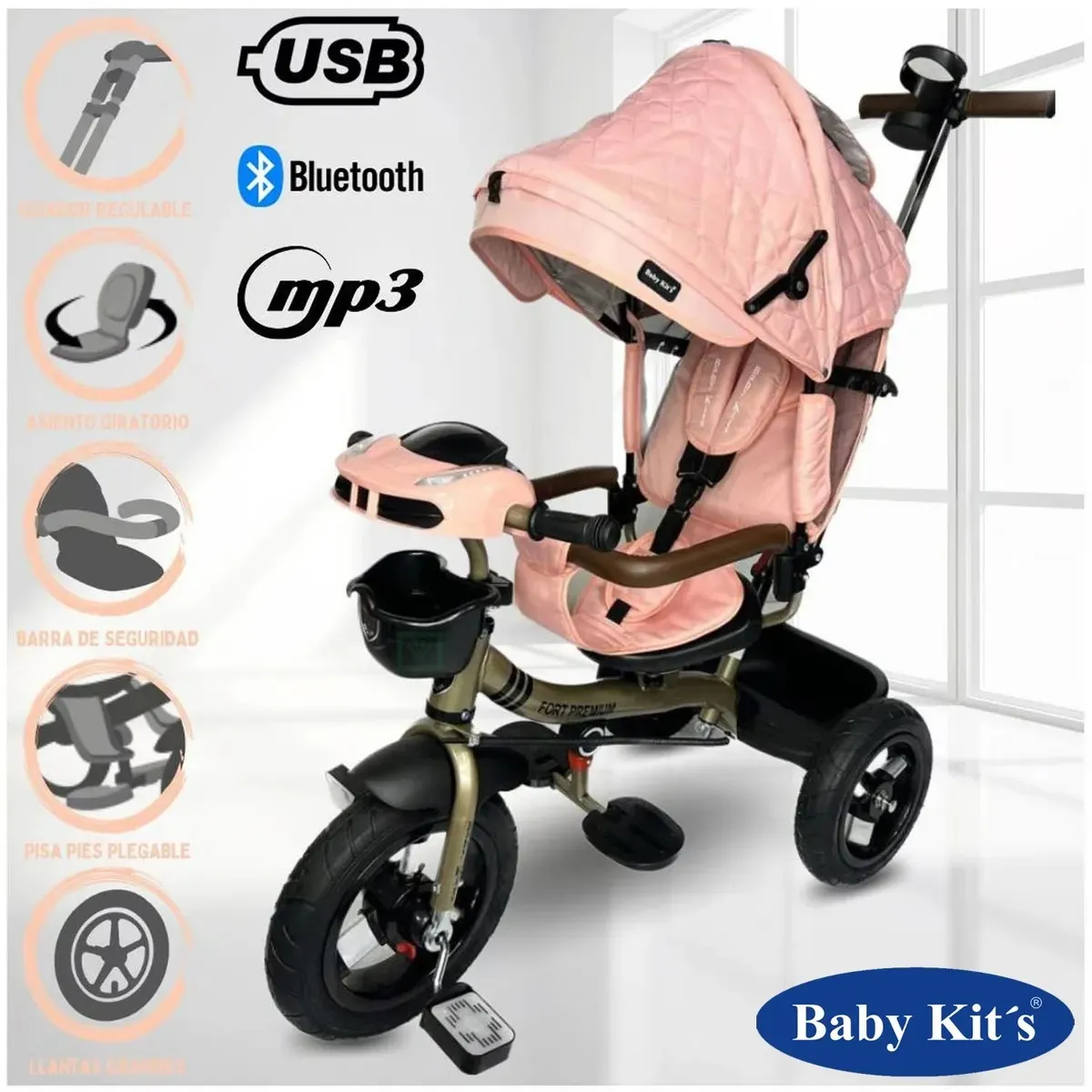 Baby Kits - Triciclo Guiador Reclinable y Giratorio USB Bluetooth Fort Premiun Rosado