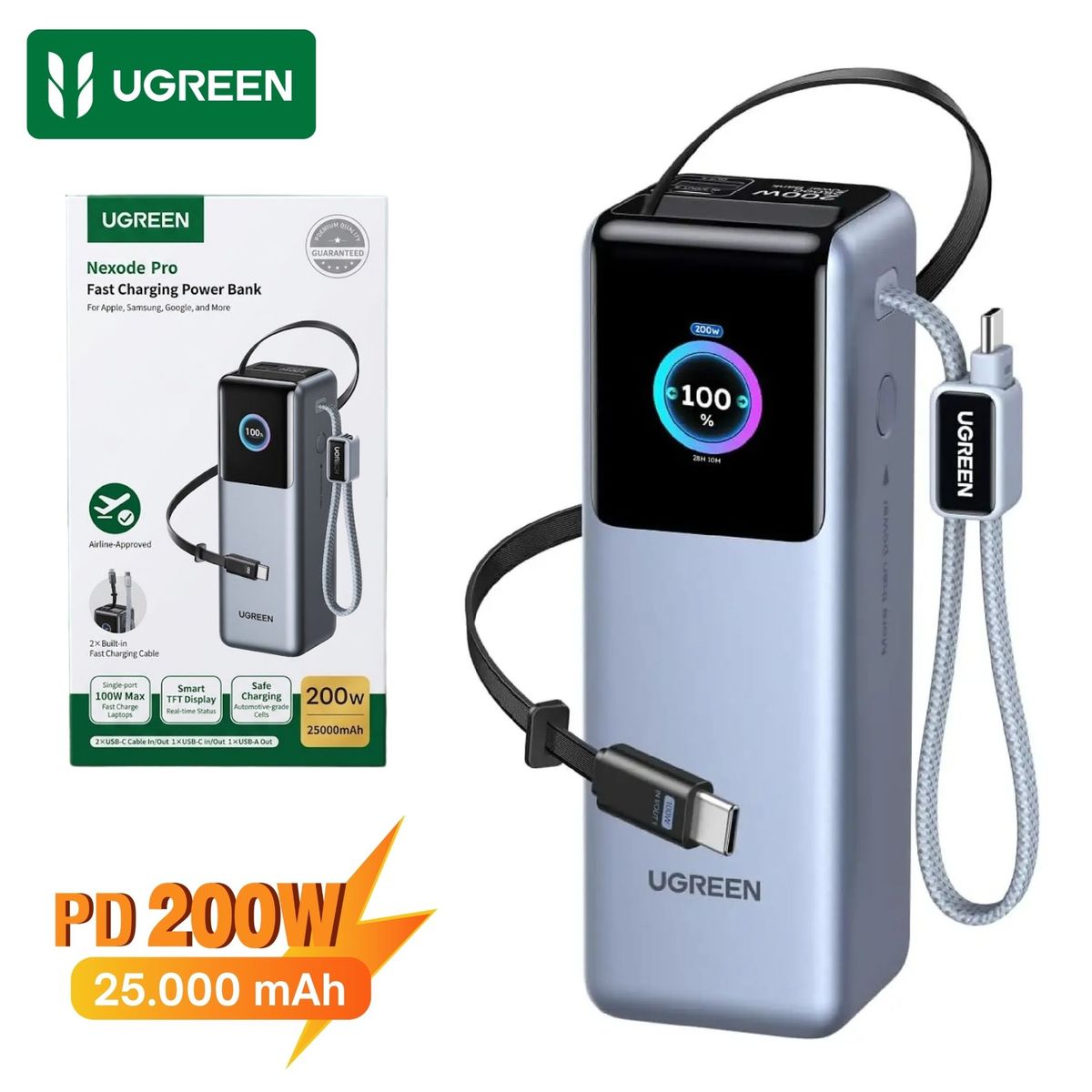 UGREEN - Power Bank UGREEN 25000mAh 200w Carga Rapida Cable Retractil para Laptop  MacBook Bateria Portatil