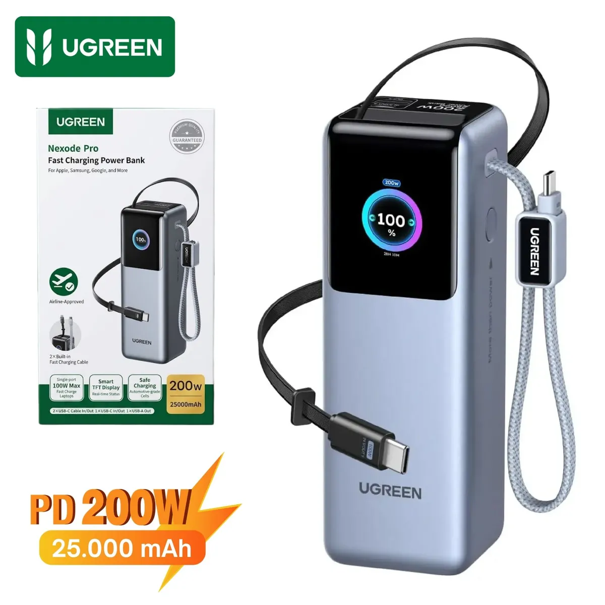 UGREEN - Power Bank UGREEN 25000mAh 200w Carga Rapida Cable Retractil para Laptop  MacBook Bateria Portatil