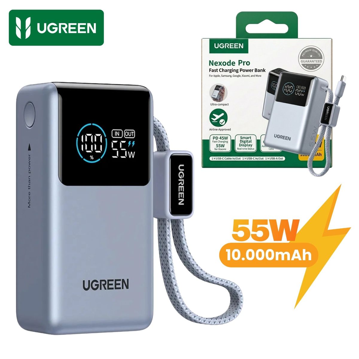 UGREEN - Power Bank Nexode Pro UGREEN 10000mAh 55W Cable Integrado Cargador Portatil