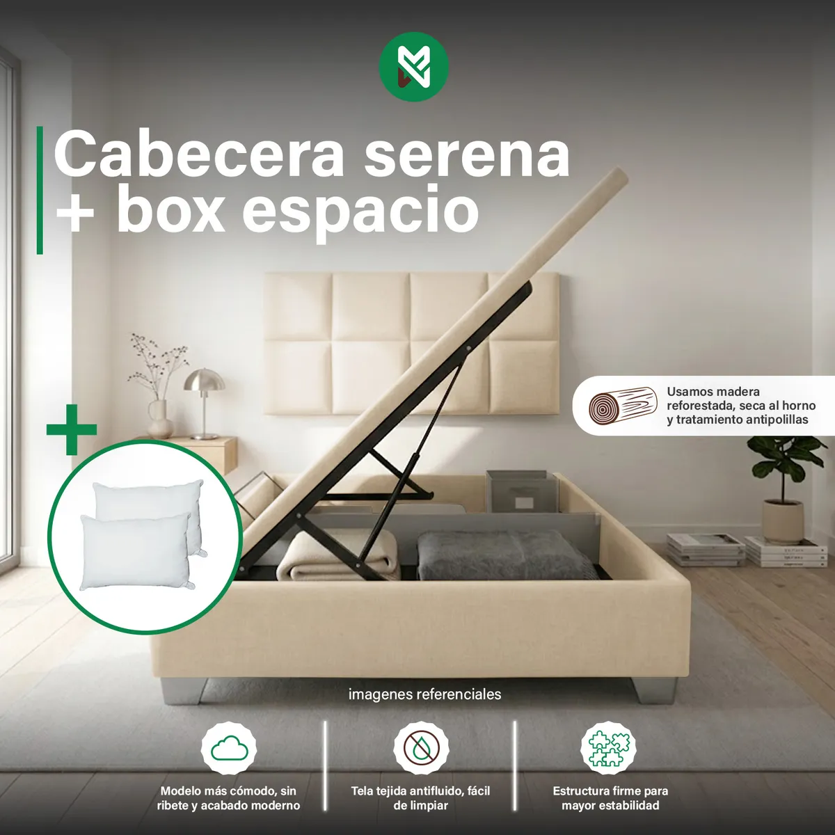 MUEBLES MACRUMO - Box Espacio Reforzado 2 Plz beige+Cabecera Serena+2 almohadas