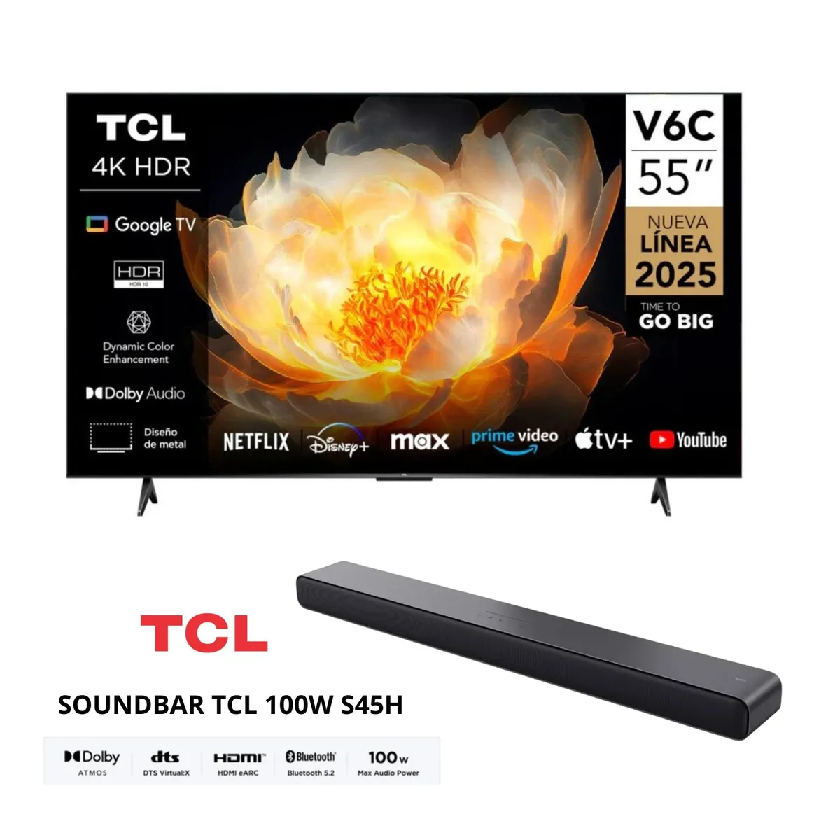 Televisor TCL 55 Pulgadas 4K HDR Google TV Smart TV 55V6C + SOUNDBAR TCL BLUETOOTH 2.0 S45H NEGRO, marca TCL - Foto Principal